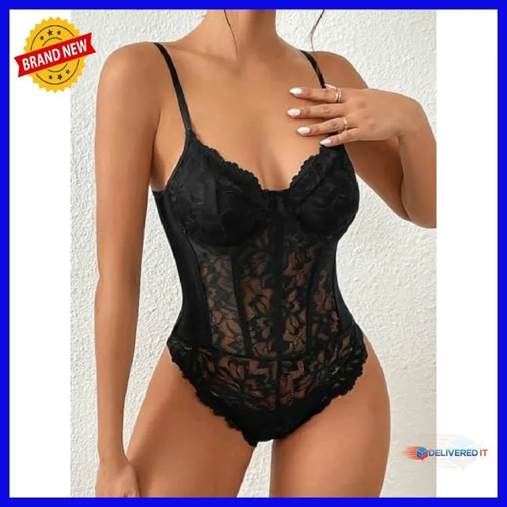 Sheer Mesh Lace Bustier Bodysuit Slim Fit Shapewear Sleeveless